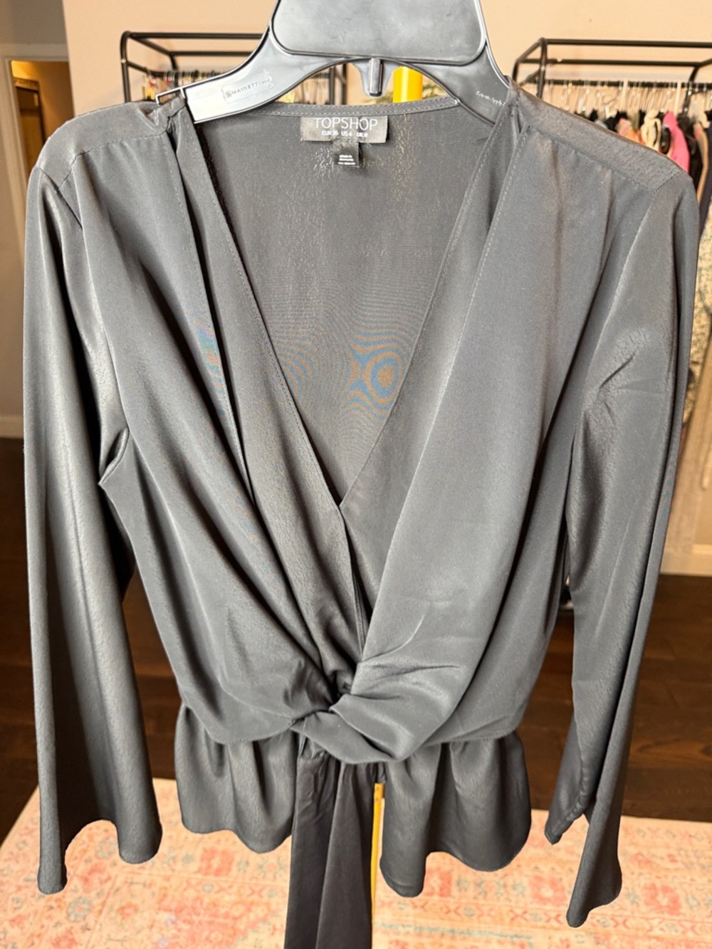 Topshop Black Satin-Look Wrap Knot Blouse